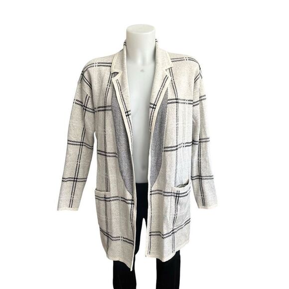 Loft Gray Cream Check Print open front‎ Collared Knit Cardigan Sweater sz XS - Picture 1 of 8